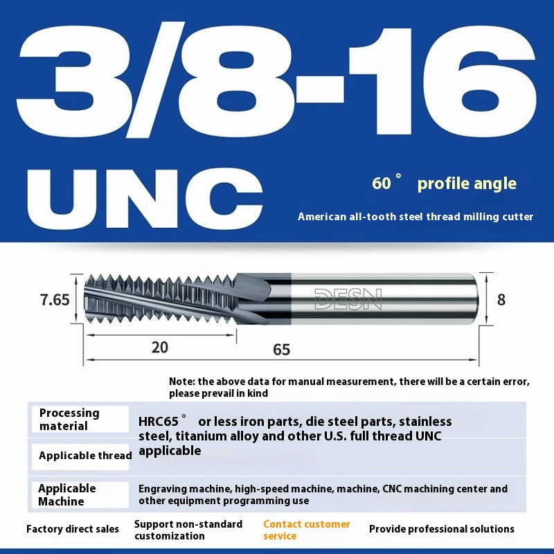 1115-65° high hard tungsten carbide thread milling cutter Long tooth full tooth alloy American thread milling cutter UNC UNF aluminum stainless steel Shandong Denso Pricision Tools Co.,Ltd.